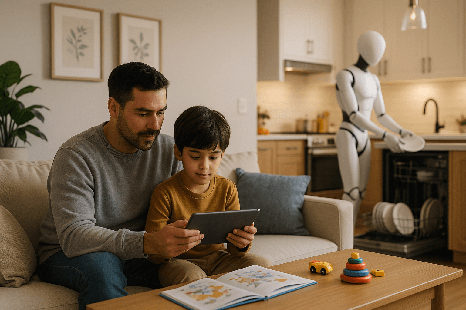 Robot humanoid putting away kids toys in living room